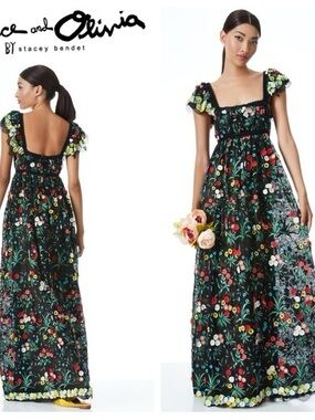 Alice + Olivia Stacey Bendet Black Floral Embroidered Lace Maxi Dress Size 12